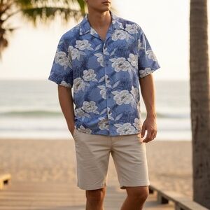 Jack Hollywood Vintage Hawaiian Shirt Hibiscus Floral Rayon Blue Aloha XL